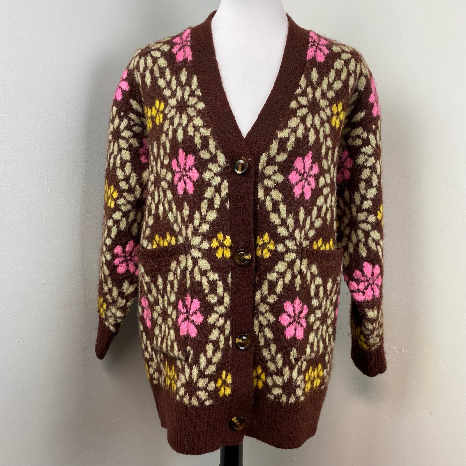 Zara Fuzzy Jacquard Floral Button Up Cardigan Knit Sweater Medium